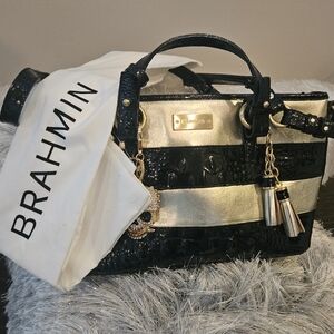 Beautiful barely worn gold and black striped Brahmin bag with skull charm added